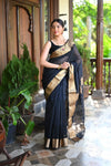 Tarang ~ Handloom Cotton Silk with Sleek Designer Border in Black Gold - verymuchindian.com