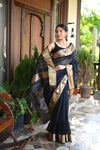 Tarang ~ Handloom Cotton Silk with Sleek Designer Border in Black Gold - verymuchindian.com