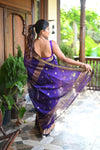Tarang ~ Handloom Cotton Silk with Sleek Designer Border in Marine Blue - verymuchindian.com