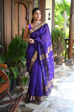 Tarang ~ Handloom Cotton Silk with Sleek Designer Border in Marine Blue - verymuchindian.com