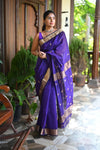 Tarang ~ Handloom Cotton Silk with Sleek Designer Border in Marine Blue - verymuchindian.com