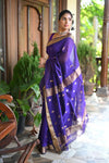 Tarang ~ Handloom Cotton Silk with Sleek Designer Border in Marine Blue - verymuchindian.com