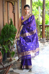 Tarang ~ Handloom Cotton Silk with Sleek Designer Border in Marine Blue - verymuchindian.com