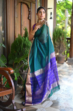 Tarang ~ Handloom Cotton Silk with Sleek Designer Border in Marine Green & Blue - verymuchindian.com