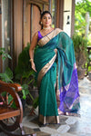 Tarang ~ Handloom Cotton Silk with Sleek Designer Border in Marine Green & Blue - verymuchindian.com