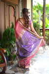 Tarang ~ Handloom Tissue Cotton Silk Linear Stripes with Sleek Designer Border in Pink with Purple - verymuchindian.com