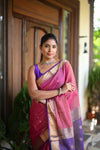 Tarang ~ Handloom Tissue Cotton Silk Linear Stripes with Sleek Designer Border in Pink with Purple - verymuchindian.com
