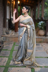 Tarang ~ Handloom Tissue Cotton Silk Sleek Designer Border in Gold Grey - verymuchindian.com