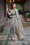Tarang ~ Handloom Tissue Cotton Silk Sleek Designer Border in Gold Grey - verymuchindian.com