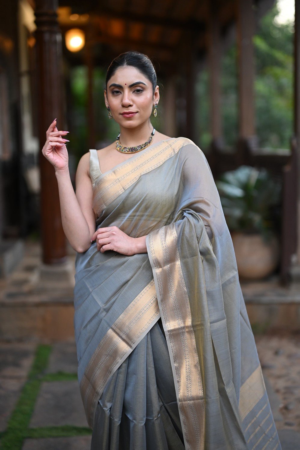 Tarang ~ Handloom Tissue Cotton Silk Sleek Designer Border in Gold Grey - verymuchindian.com