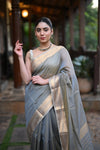 Tarang ~ Handloom Tissue Cotton Silk Sleek Designer Border in Gold Grey - verymuchindian.com