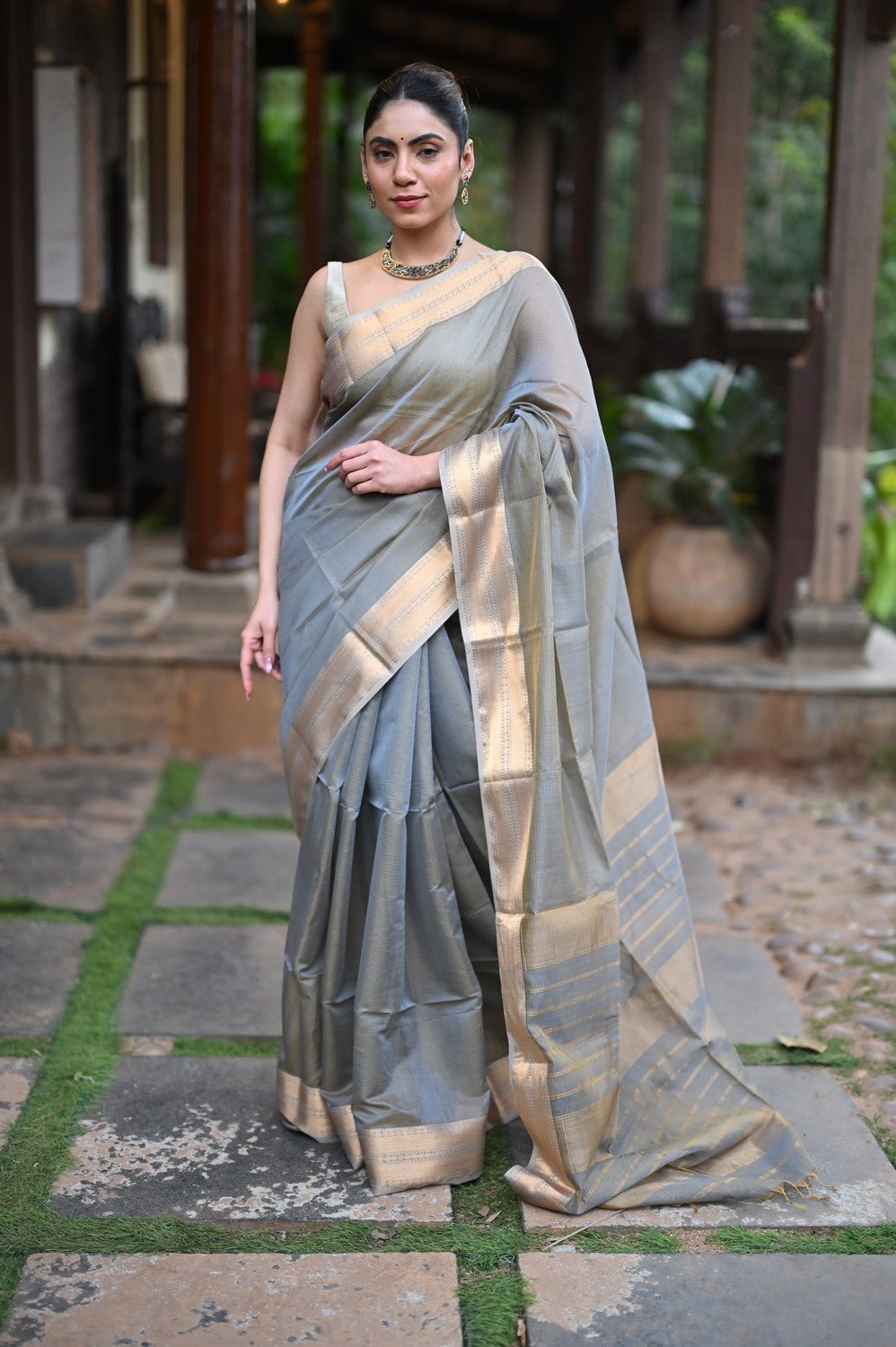 Tarang ~ Handloom Tissue Cotton Silk Sleek Designer Border in Gold Grey - verymuchindian.com