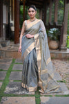 Tarang ~ Handloom Tissue Cotton Silk Sleek Designer Border in Gold Grey - verymuchindian.com