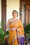 Tarang ~ Handloom Tissue Cotton Silk Sleek Designer Border in Mustard Yellow with Purple - verymuchindian.com
