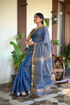 Tarang ~ Handloom Tissue Cotton Silk Sleek Designer Border in Navy Blue - verymuchindian.com