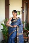 Tarang ~ Handloom Tissue Cotton Silk Sleek Designer Border in Navy Blue - verymuchindian.com