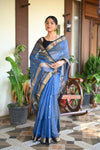 Tarang ~ Handloom Tissue Cotton Silk Sleek Designer Border in Navy Blue - verymuchindian.com