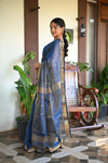 Tarang ~ Handloom Tissue Cotton Silk Sleek Designer Border in Navy Blue - verymuchindian.com