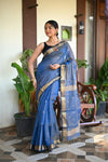 Tarang ~ Handloom Tissue Cotton Silk Sleek Designer Border in Navy Blue - verymuchindian.com