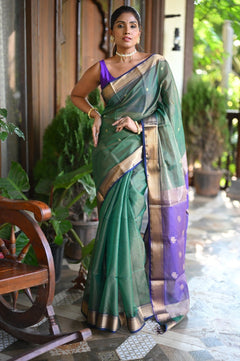 Tarang ~ Handloom Tissue Cotton Silk with Sleek Designer Border in Grass Green & Purple - verymuchindian.com