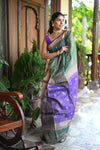 Tarang ~ Handloom Tissue Cotton Silk with Sleek Designer Border in Grass Green & Purple - verymuchindian.com