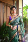 Tarang ~ Handloom Tissue Cotton Silk with Sleek Designer Border in Grass Green & Purple - verymuchindian.com