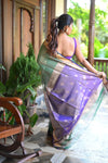 Tarang ~ Handloom Tissue Cotton Silk with Sleek Designer Border in Grass Green & Purple - verymuchindian.com