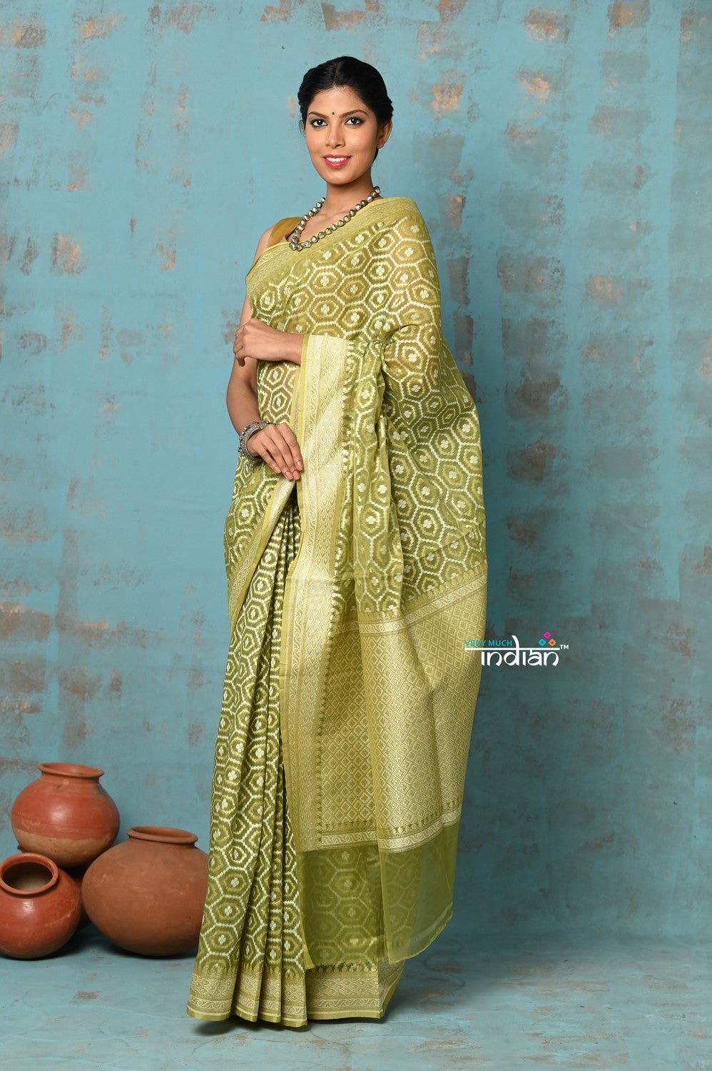 Tejaswi ~ Exclusive High Quality Handloom Banarasi Cotton Saree with Beautiful Abstract Print- Leaf Green - verymuchindian.com