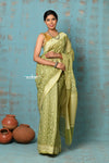 Tejaswi ~ Exclusive High Quality Handloom Banarasi Cotton Saree with Beautiful Abstract Print- Leaf Green - verymuchindian.com