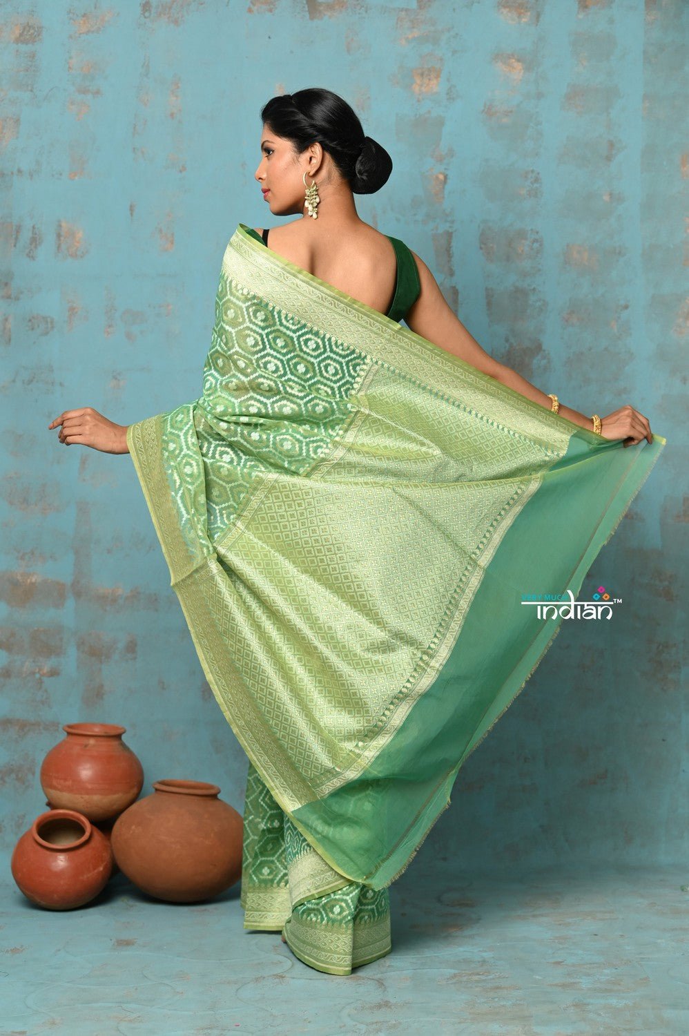Tejaswi ~ Exclusive High Quality Handloom Banarasi Cotton Saree with Beautiful Abstract Print- Sage Green - verymuchindian.com