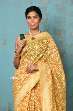 Tejaswi ~ Exclusive High Quality Handloom Banarasi Cotton Saree with Beautiful Abstract Print- Sunset Yellow - verymuchindian.com
