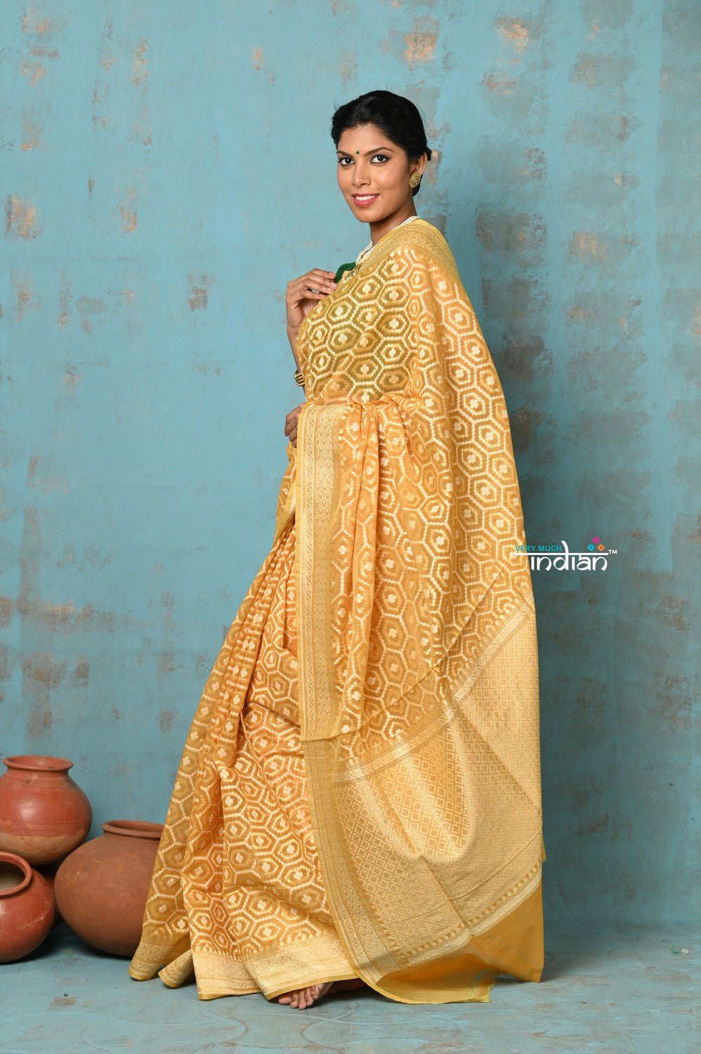 Tejaswi ~ Exclusive High Quality Handloom Banarasi Cotton Saree with Beautiful Abstract Print- Sunset Yellow - verymuchindian.com
