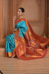 The Festive Edit! ~ Handloom Pure Silk Paithani with Peacock Parrot Border in Cyan Blue - verymuchindian.com