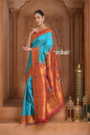 The Festive Edit! ~ Handloom Pure Silk Paithani with Peacock Parrot Border in Cyan Blue - verymuchindian.com