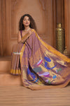 The Festive Edit! Virasat 2.0 ~ Handloom Pure Cotton Paithani with Musical Instrumental Pallu in Dual Tone Orange Blue - verymuchindian.com