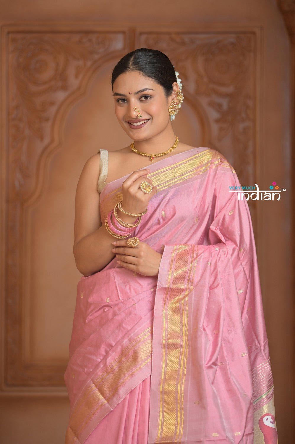 The Festive Edit! Virasat 2.0 ~ Handloom Pure Silk Paithani with Designer Parrot Pallu in Peach Pink - verymuchindian.com