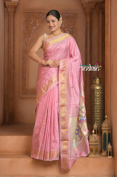 The Festive Edit! Virasat 2.0 ~ Handloom Pure Silk Paithani with Designer Parrot Pallu in Peach Pink - verymuchindian.com