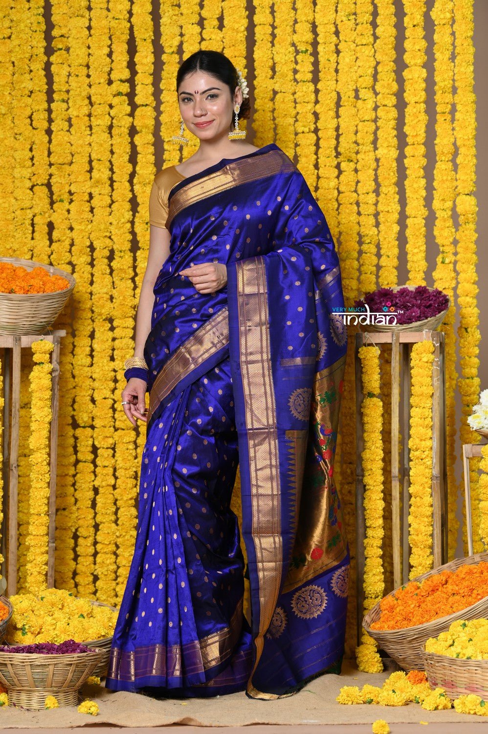 Topselling Rajsi~ Handloom Pure Silk Maharani Paithani with all over Dense Buttis~ Royal Blue - verymuchindian.com