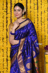 Topselling Rajsi~ Handloom Pure Silk Maharani Paithani with all over Dense Buttis~ Royal Blue - verymuchindian.com