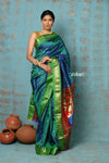 Tyohaar ~ Chandrakor: Handloom Pure Paithani Saree with Traditional Peacock Pallu ~ Peacock Blue with Fresh Green Border (By Government Certified Weavers) - verymuchindian.com