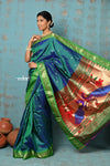 Tyohaar ~ Chandrakor: Handloom Pure Paithani Saree with Traditional Peacock Pallu ~ Peacock Blue with Fresh Green Border (By Government Certified Weavers) - verymuchindian.com