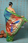 Tyohaar ~ Chandrakor: Handloom Pure Paithani Saree with Traditional Peacock Pallu ~ Peacock Blue with Fresh Green Border (By Government Certified Weavers) - verymuchindian.com