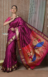 Tyohaar ~ Chandrakor: Handloom Pure Paithani Saree with Traditional Peacock Pallu ~ Wine Color (By Government Certified Weavers) - verymuchindian.com