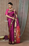 Tyohaar ~ Chandrakor: Handloom Pure Paithani Saree with Traditional Peacock Pallu ~ Wine Color (By Government Certified Weavers) - verymuchindian.com