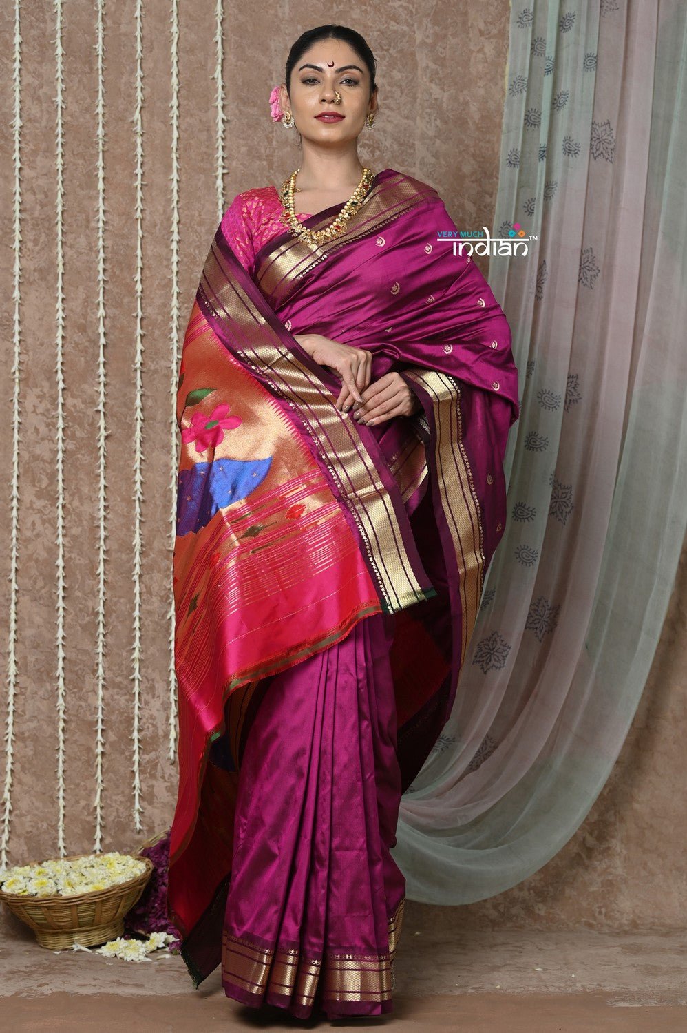 Tyohaar ~ Chandrakor: Handloom Pure Paithani Saree with Traditional Peacock Pallu ~ Wine Color (By Government Certified Weavers) - verymuchindian.com