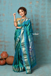 Tyohaar ~ Chandrakor: Handloom Pure Silk Paithani Saree with Traditional Double Pallu ~ Blue (Available in Peacock Pallu) - verymuchindian.com