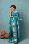Tyohaar ~ Chandrakor: Handloom Pure Silk Paithani Saree with Traditional Double Pallu ~ Blue (Available in Peacock Pallu) - verymuchindian.com