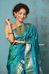 Tyohaar ~ Chandrakor: Handloom Pure Silk Paithani Saree with Traditional Double Pallu ~ Blue (Available in Peacock Pallu) - verymuchindian.com