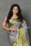 Tyohaar ~ Designed By VMI~ Handloom Pure Organic Natural Linen Saree - HandBlock Printed - Grey - verymuchindian.com