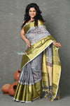 Tyohaar ~ Designed By VMI~ Handloom Pure Organic Natural Linen Saree - HandBlock Printed - Grey - verymuchindian.com